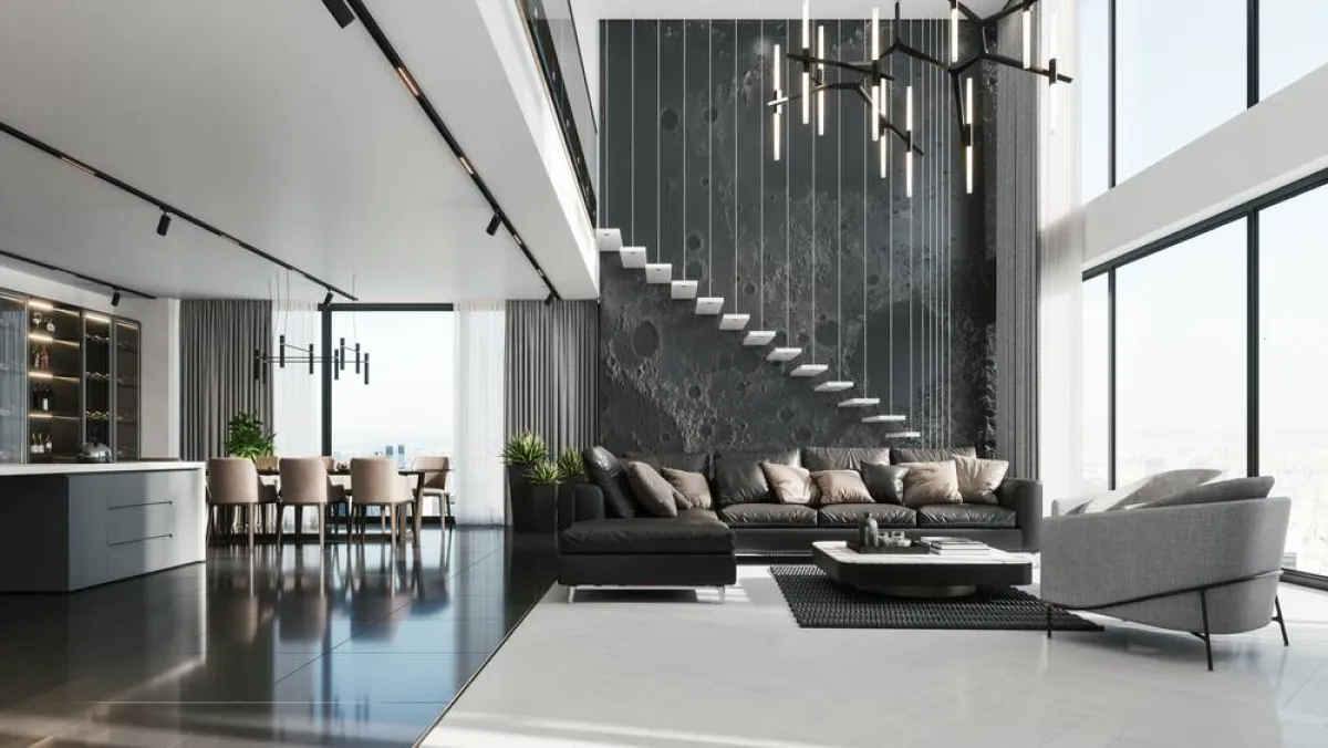 نموذج عن منطقة المعيشة المدمجة بالمطبخ، مع ملاحظة العناية بالإضاءة