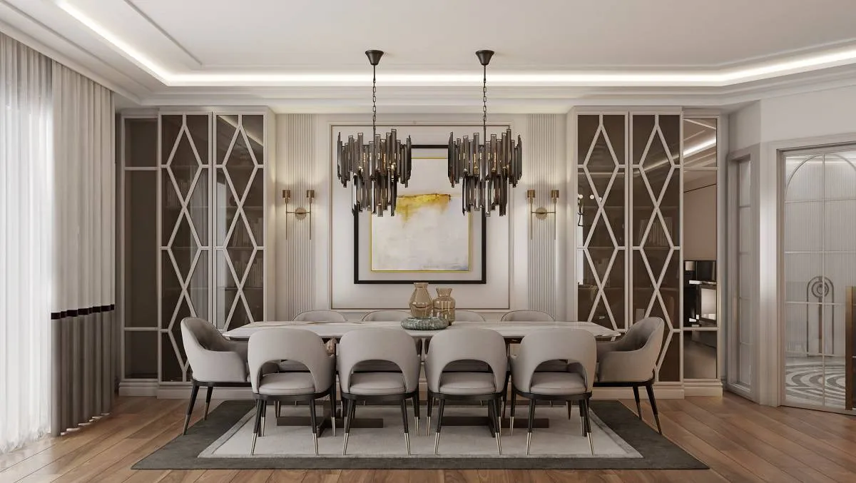 غرفة طعام عصريّة مُصمّمة بمواد فخمة