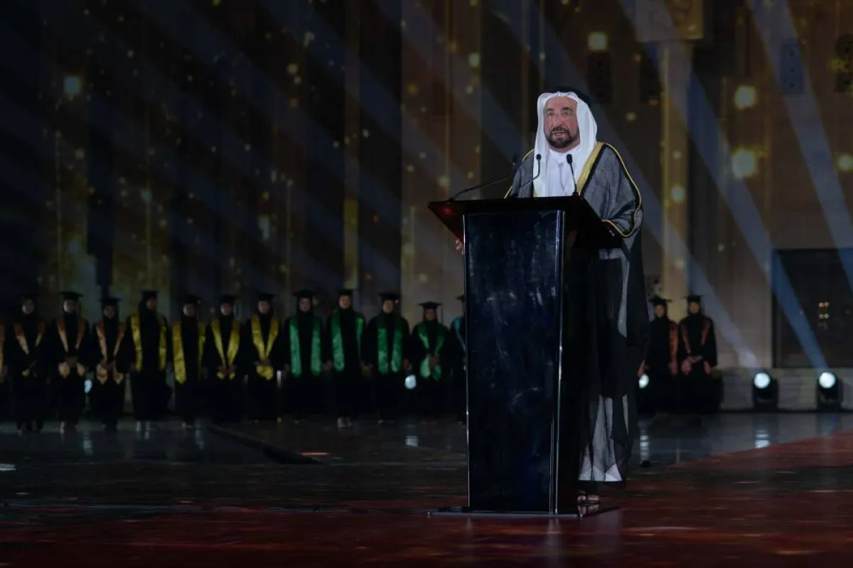 حاكم الشارقة يلقي كلمته خلال الاحتفال. الصورة من "وام"