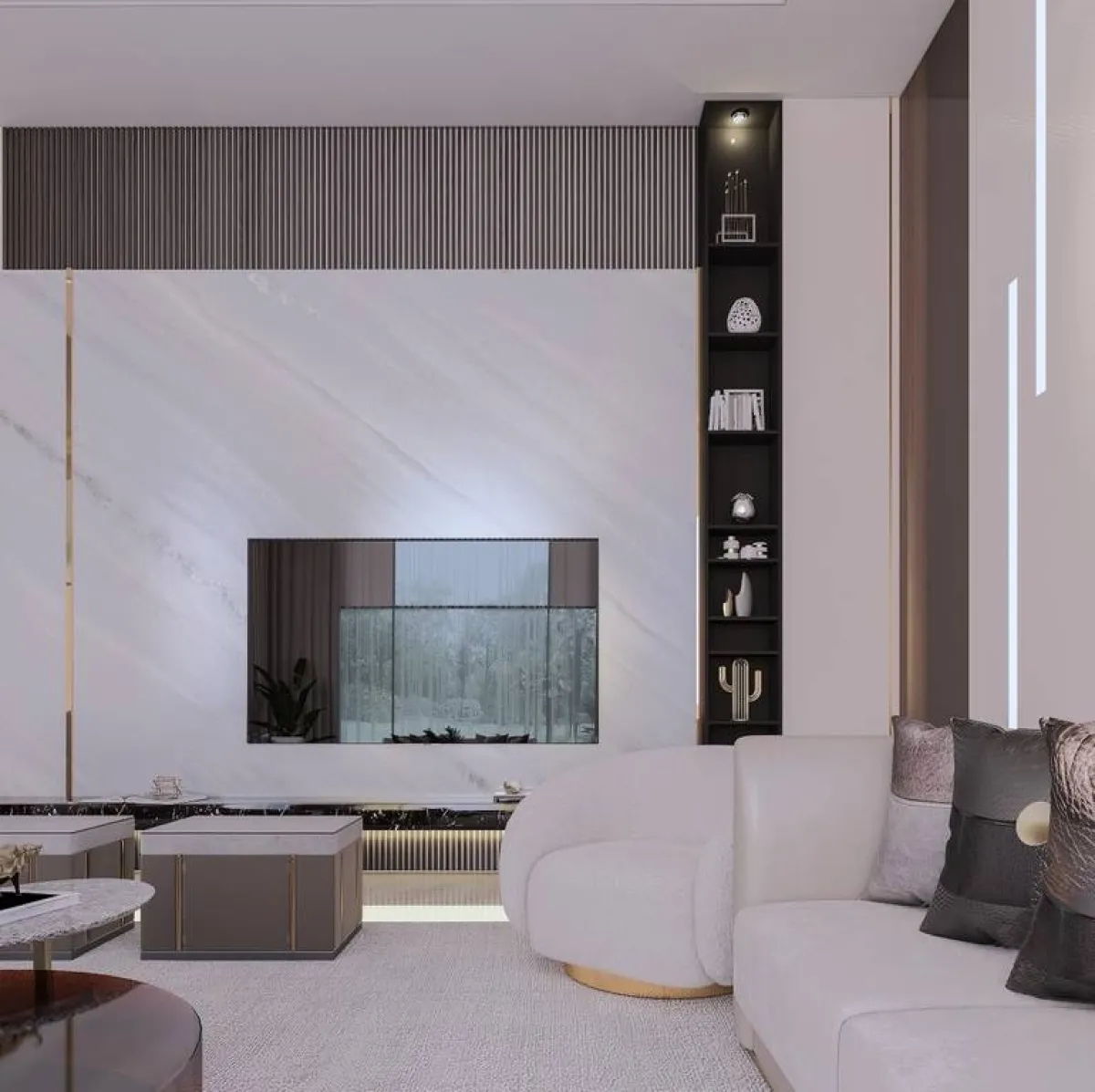 الجبس يجمّل جدران الصالة، مع مواد أخرى، منها: الخشب والرخام