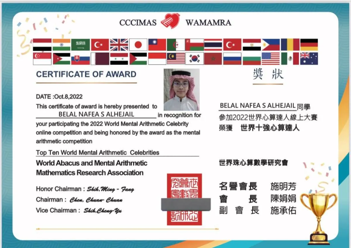 تكريم طالب سعودي يحصد المركز الأول عالميا في مسابقة الحساب الذهني من إدارة تعليم المدينة المنورة 