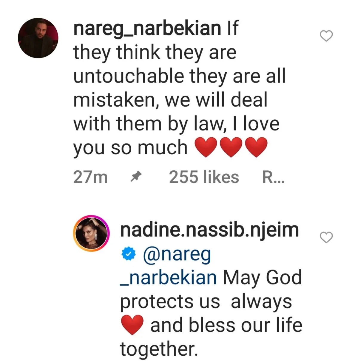 تعليقات نادين نسيب نجيم وخطيبها - سكرين شوت من حسابها على انستغرام