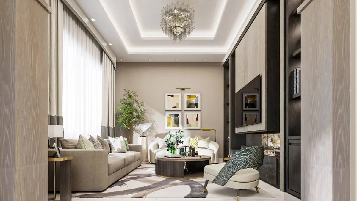 أنسجة الكتّان والمخمل مستخدمة في قطع الأثاث، بغرفة الجلوس