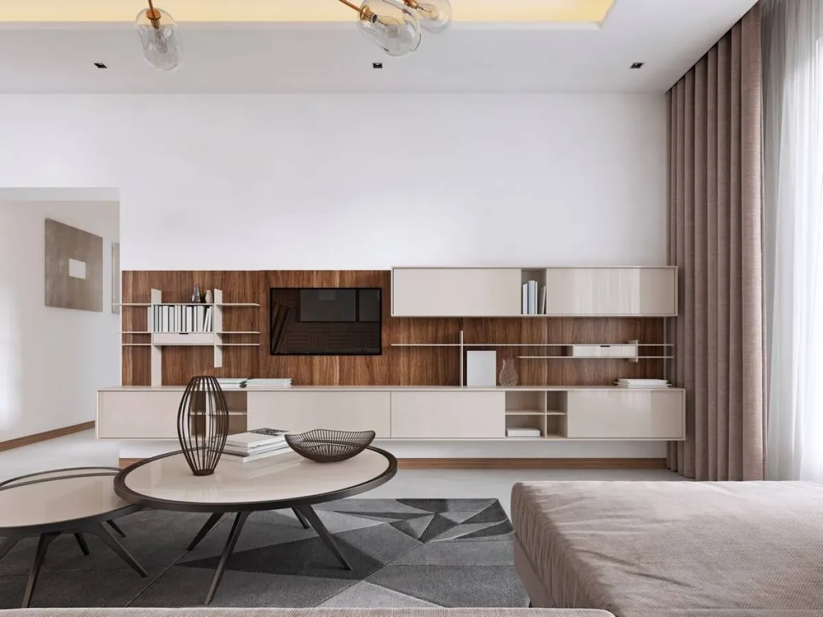 اللون الأبيض مرغوب أخيرًا، في إطار التصميم الخشبي للجدار الذي يحمل شاشة التلفاز