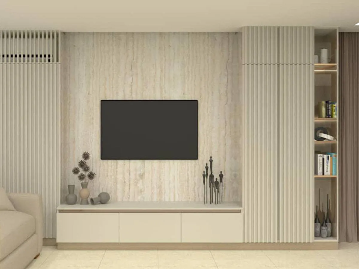 تصميم لجدار التلفاز مصمّم من الخشب المطلي بالأبيض والرخام
