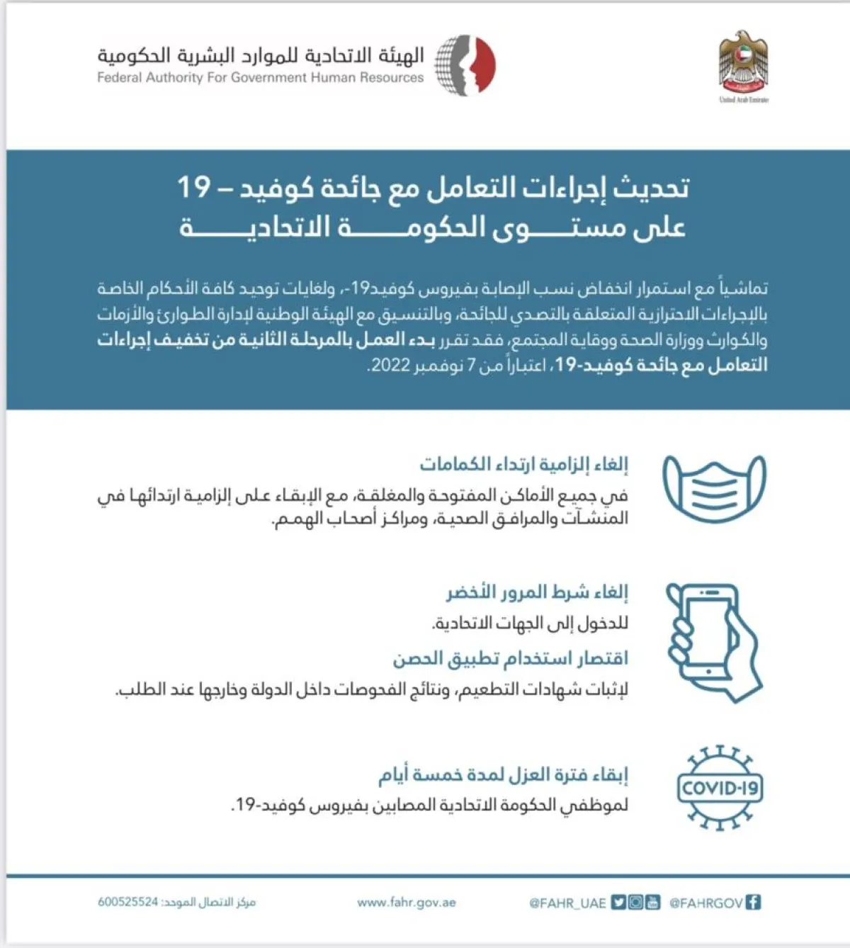 "الاتحادية للموارد البشرية" تحدث الإجراءات الاحترازية ضد جائحة كوفيد-19 في الحكومة الاتحادية