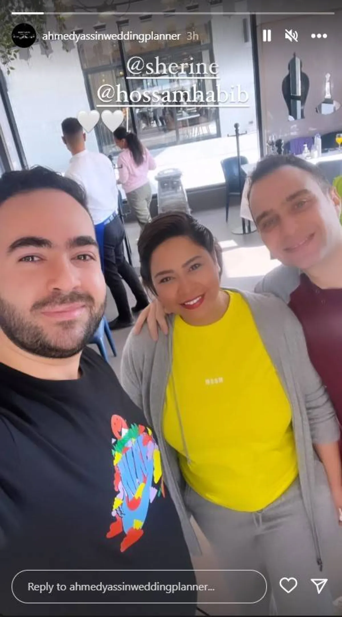 منظم الحفلات أحمد ياسين برفقة شيرين عبد الوهاب وحسام حبيب - سكرين شوت من خاصية " الستوري" عبر حسابه على انستغرام