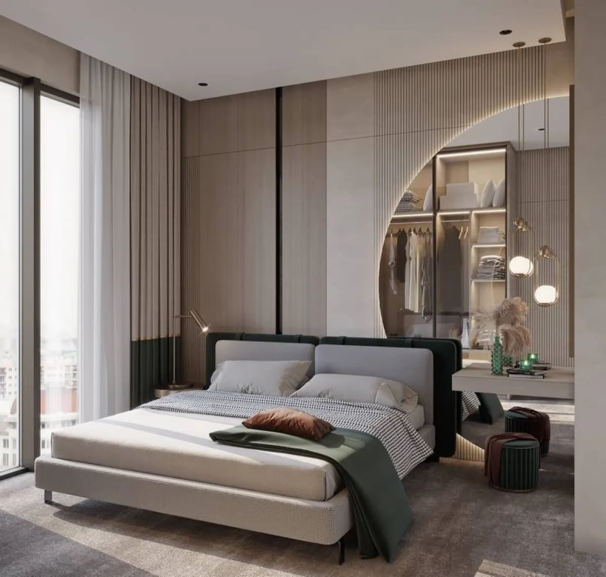 سرير ذو ظهر مبّطن في غرفة النوم المعاصرة