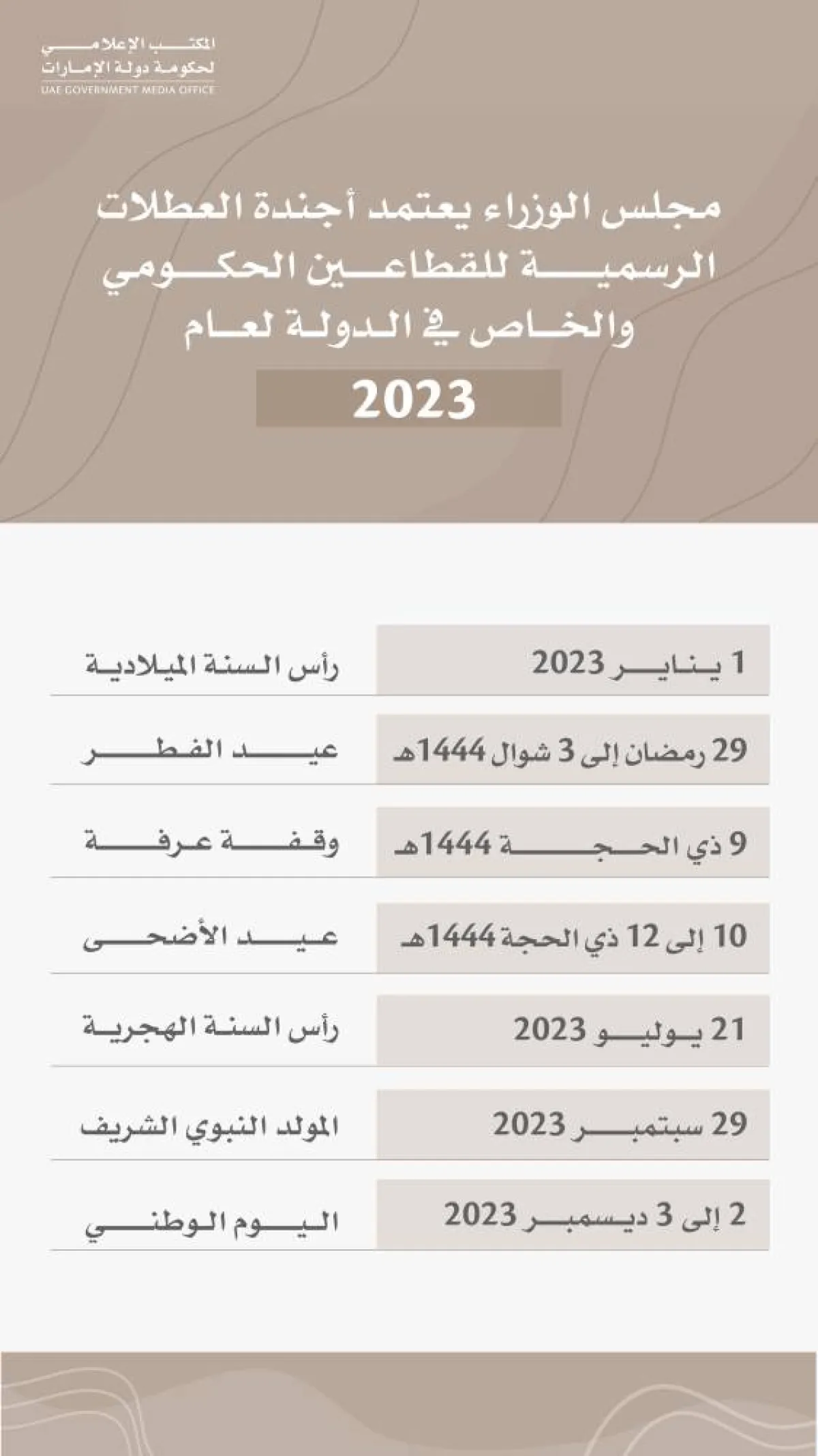 أجندة العطلات الرسمية. الصورة من "وام"