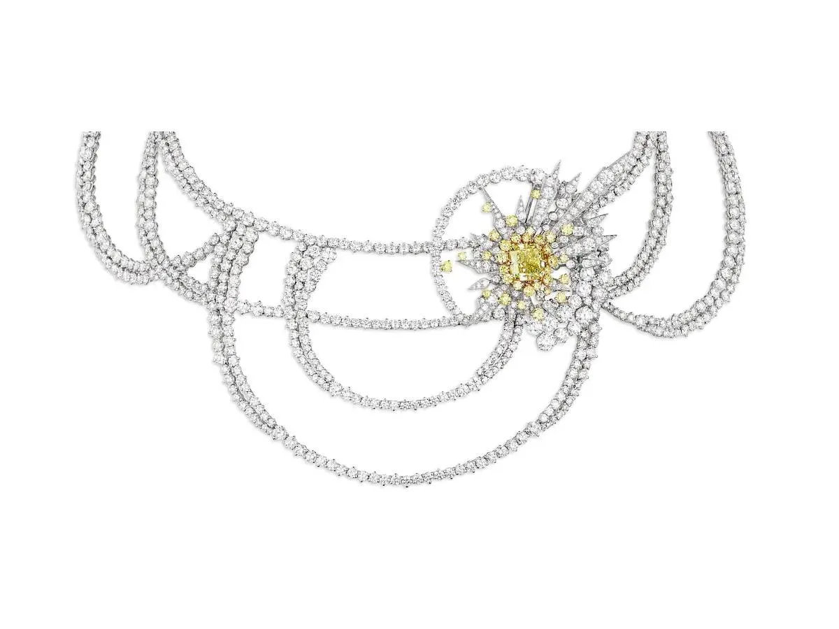 قلادات ذهب أبيض مرصوفة بالأحجار الكريمة الملونة لإطلالة فاخرة لعروس 2023