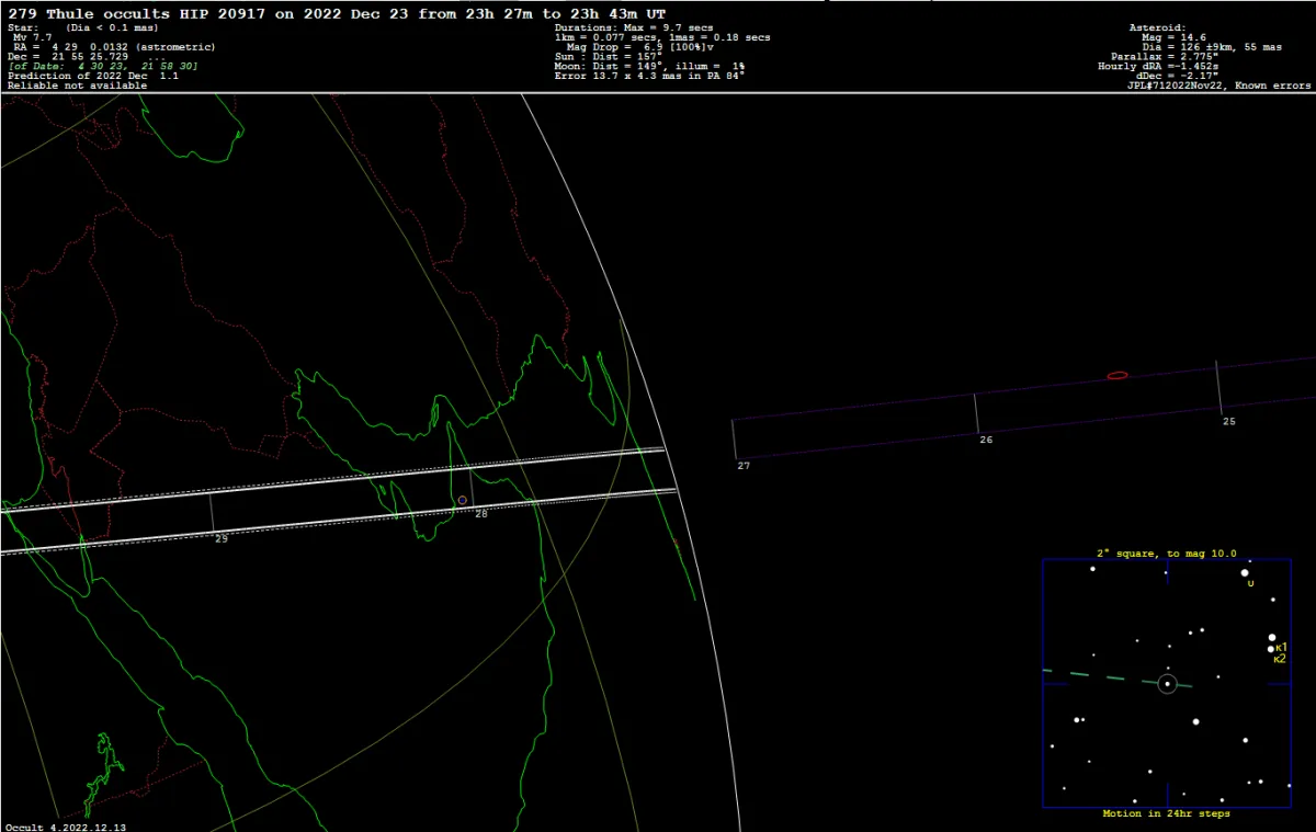 خارطة تبين مسار الاحتجاب والمناطق التي يمكنها رؤية الاحتجاب، وهي الواقعة بين الخطين الأبيضين. الصورة من مركز الفلك الدولي