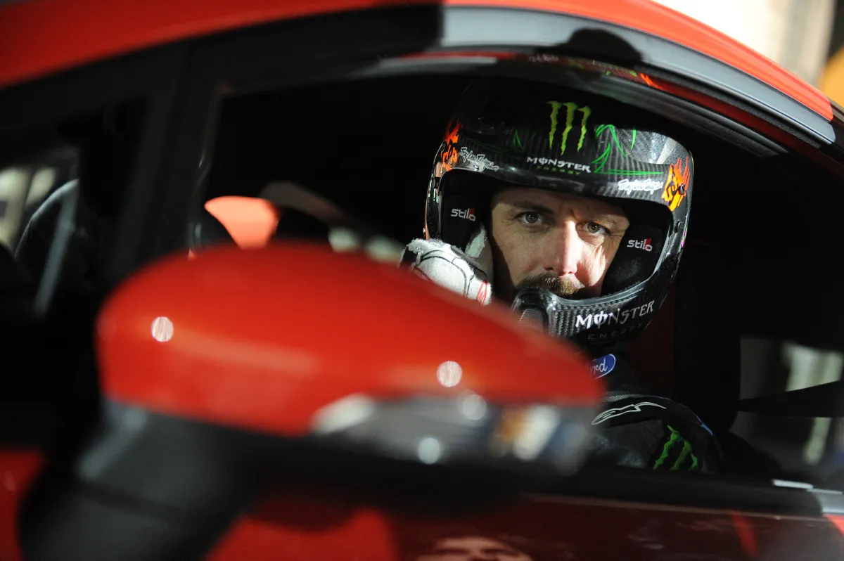 In this file photo taken on March 24, 2013, US driver Ken Block poses for a photo in a Ford Fiesta ST type car on ice of Budapest City Park Ice Rink  GERGELY BESENYEI / AFP