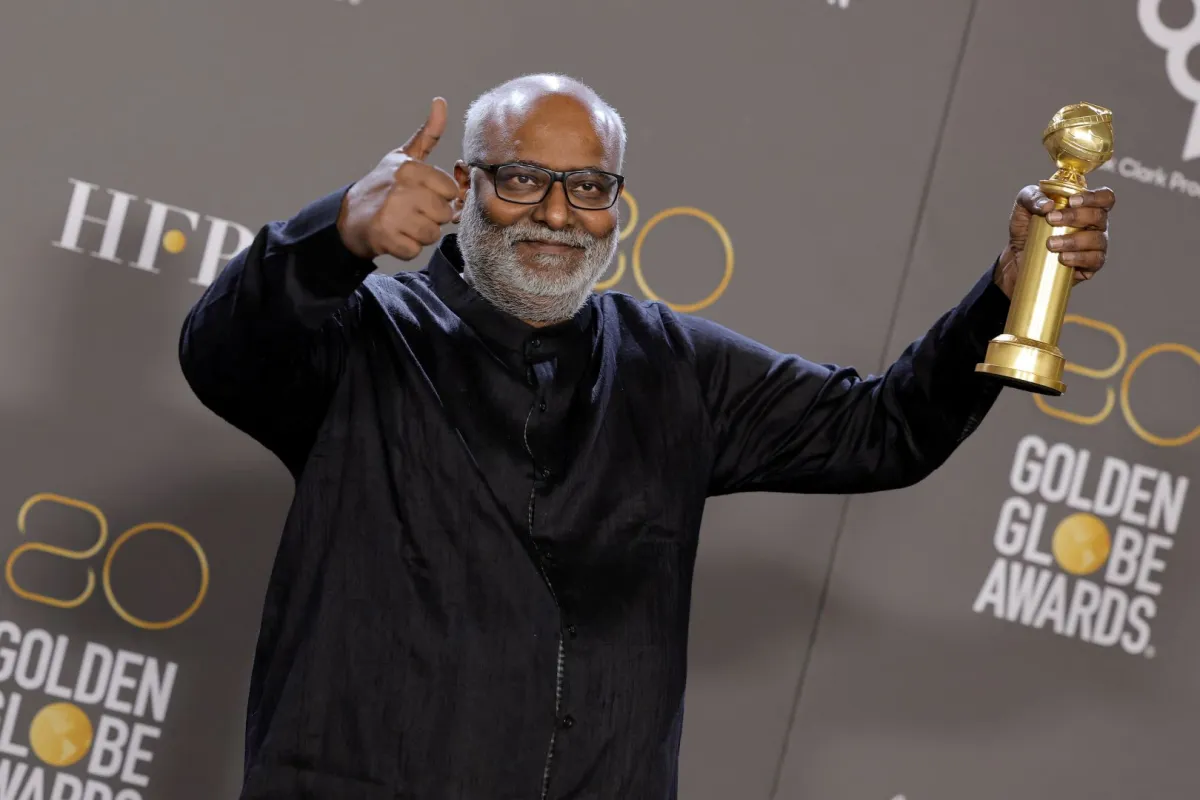 M. M. Keeravani poses with the Best Original Song award for "Naatu Naatu" for "RRR" in the press room during the 80th Annual Golden Globe Awards at The Beverly Hilton on January 10, 2023 in Beverly Hills, California. Amy Sussman/Getty Images/AFP