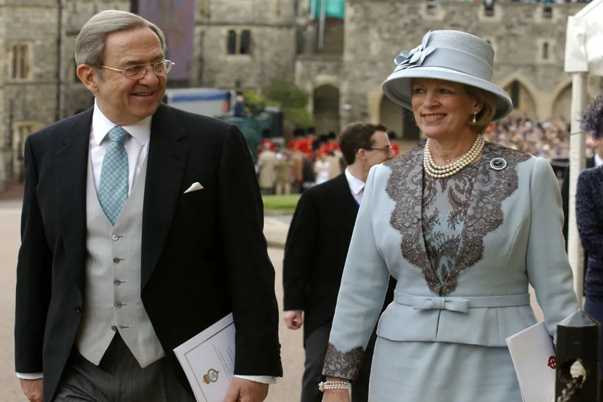 Greek King Constantin and Princess Anne-Marie arrive at the Georges Chapel at Windsor Castle 09 April 2005 for the blessing of the civil wedding for Prince Charles and Camilla Parker Bowles. MARTYN HAYHOW / AFP