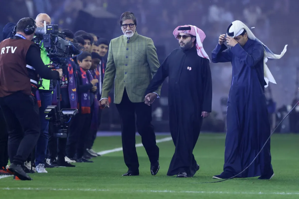 Indian actor and former member of the Lok Sabha (Indian parliament) Amitabh Bachchan (L), Turki al-Sheikh, Minister and the current Chairman of General Authority (C), and PSG chairman Nasser al-Khelaifi (R) are pictured ahead of the Riyadh Season Cup between the Riyadh All-Stars and Paris Saint-Germain at the King Fahd Stadium in Riyadh on January 19, 2023. Fayez NURELDINE / AFP