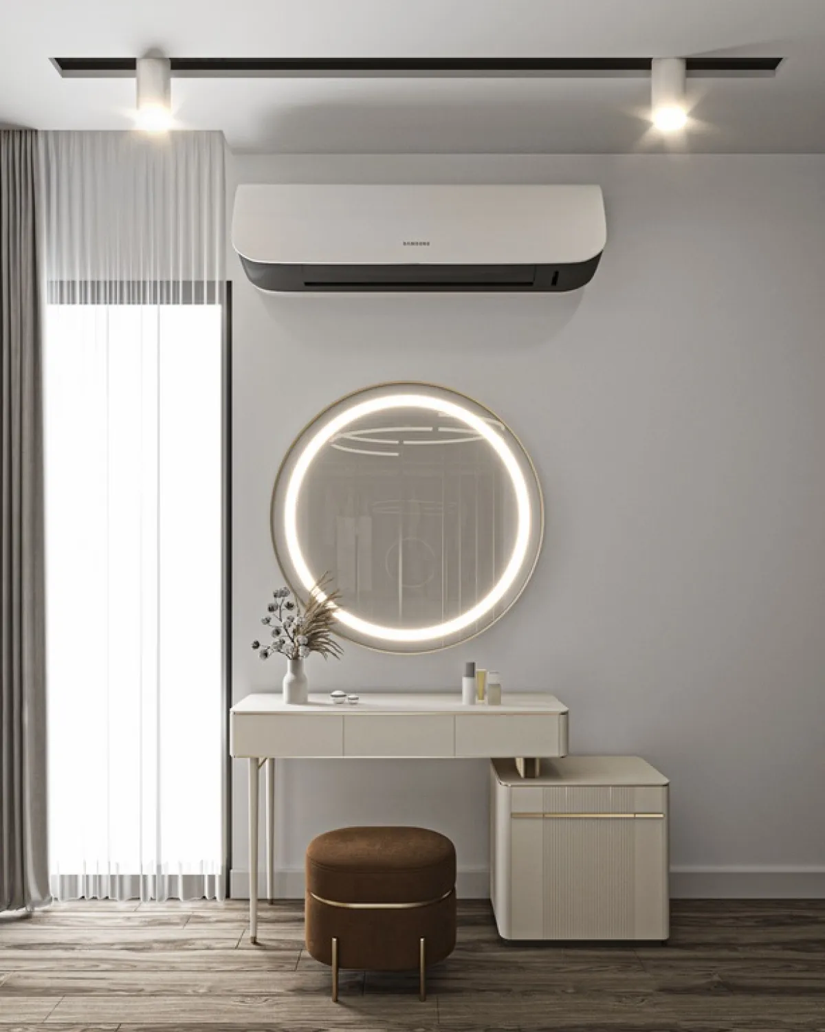 شكل المرآة التابعة للتسريحة دائري او مستطيل، راهنًا