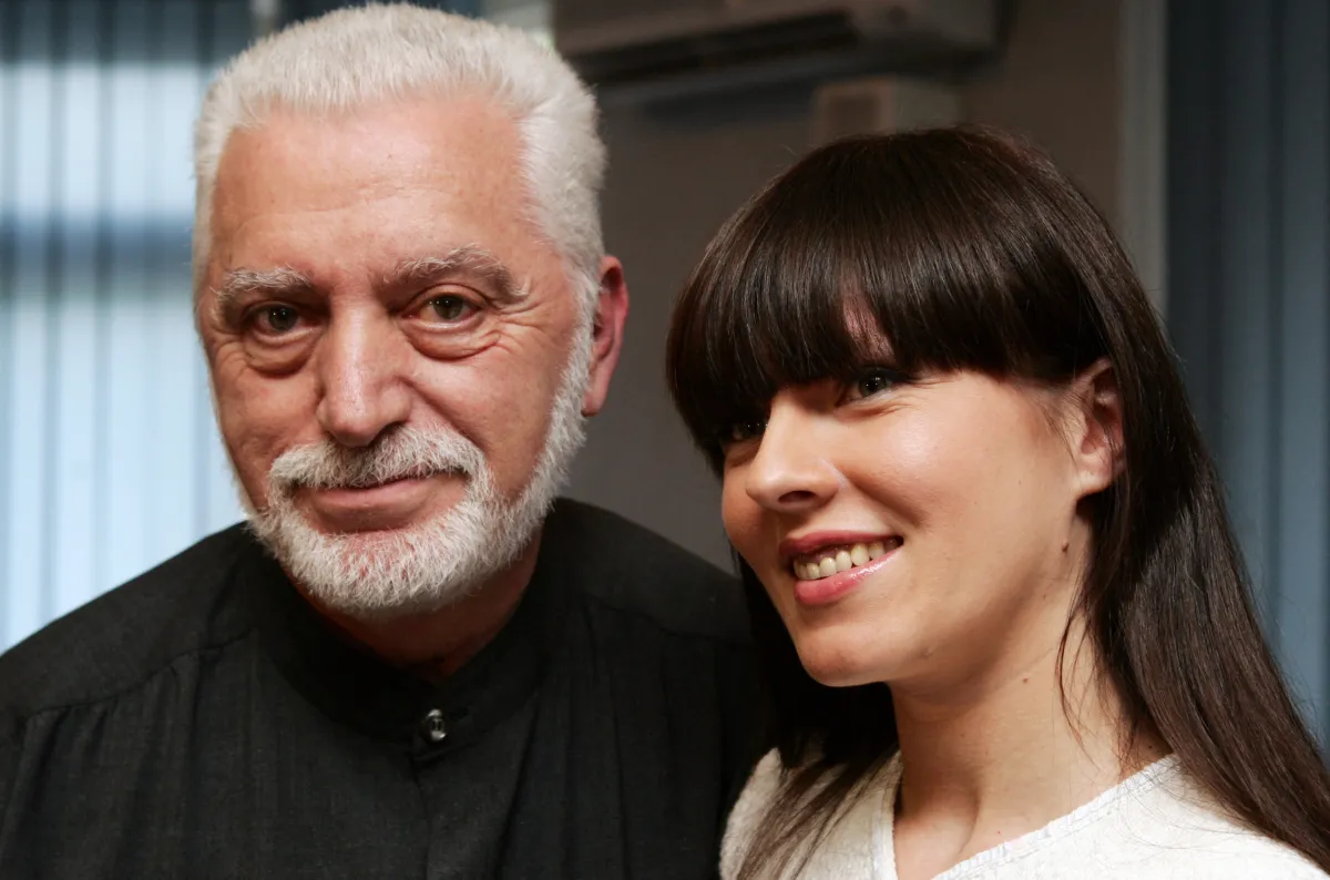 photo taken on June 11, 2007 Spanish-born fashion designer Paco Rabanne (L) poses with Ukrainian designer Veronika Jeanvie after their press conference in Kiev.  Sergei SUPINSKY / AFP