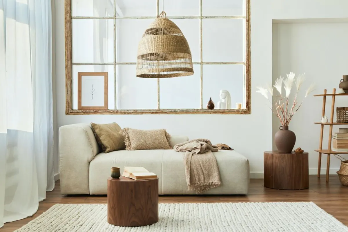لمسات من البني في ديكور غرفة الجلوس البيضاء