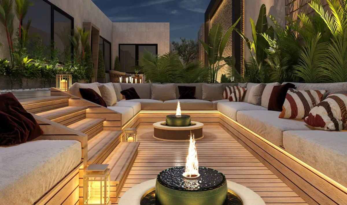 المدفأة في مساحة المنزل الخارجية