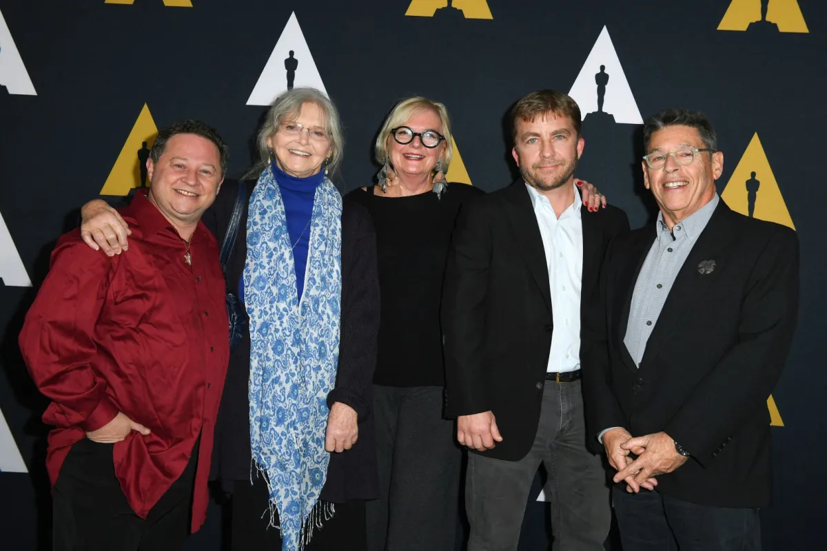(L-R) Actors Scott Schwartz, Melinda Dillon, production designer Reuben Freed, costume designer Mary E. McLeod and actor Peter Billingsley in Beverly Hills, California, on December 10, 2018. VALERIE MACON / AFP