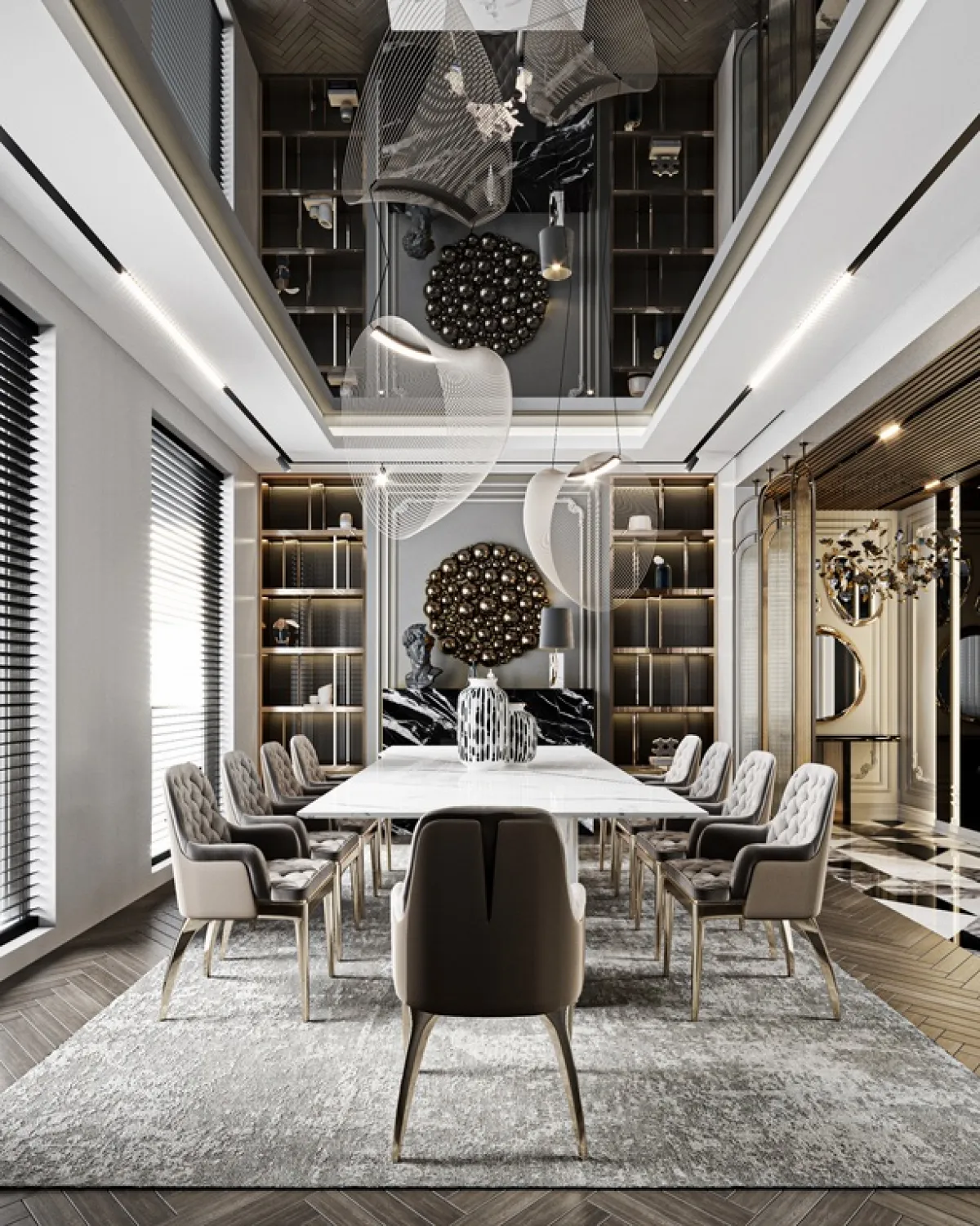 رفوف موزعة في غرفة الطعام