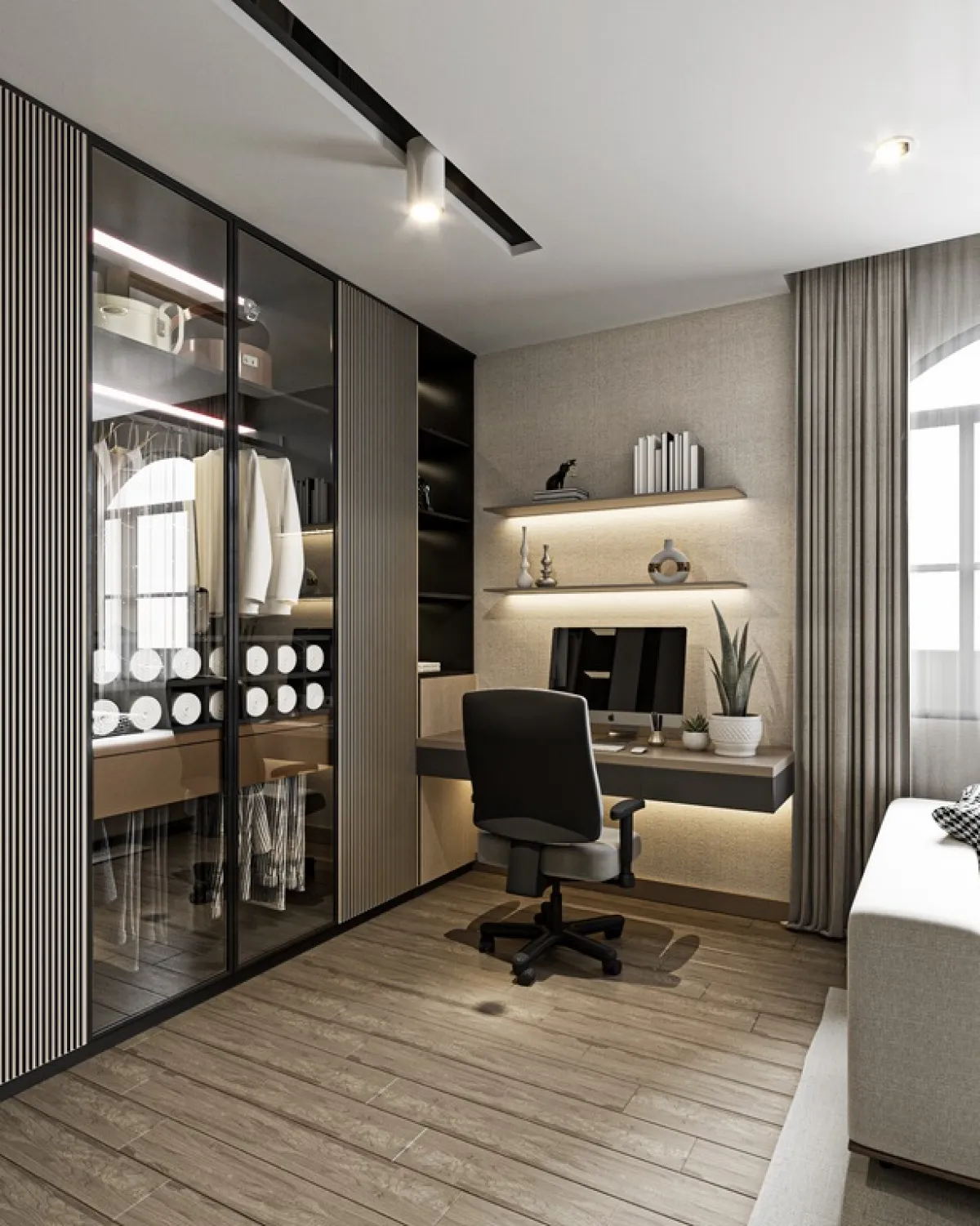 رفان خشبيان موزعان فوق المكتب المنزلي، بغرفة النوم