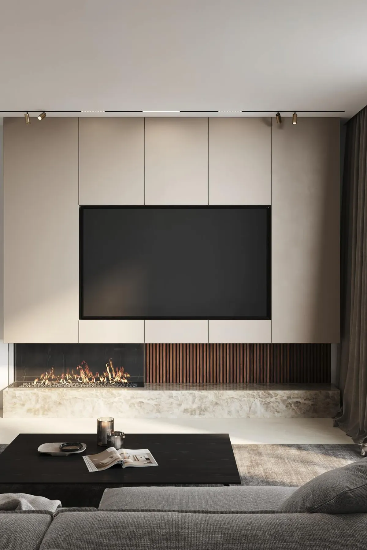 الجدار الخشبي المحمل بالتلفزيون يضم أماكن التخزين 