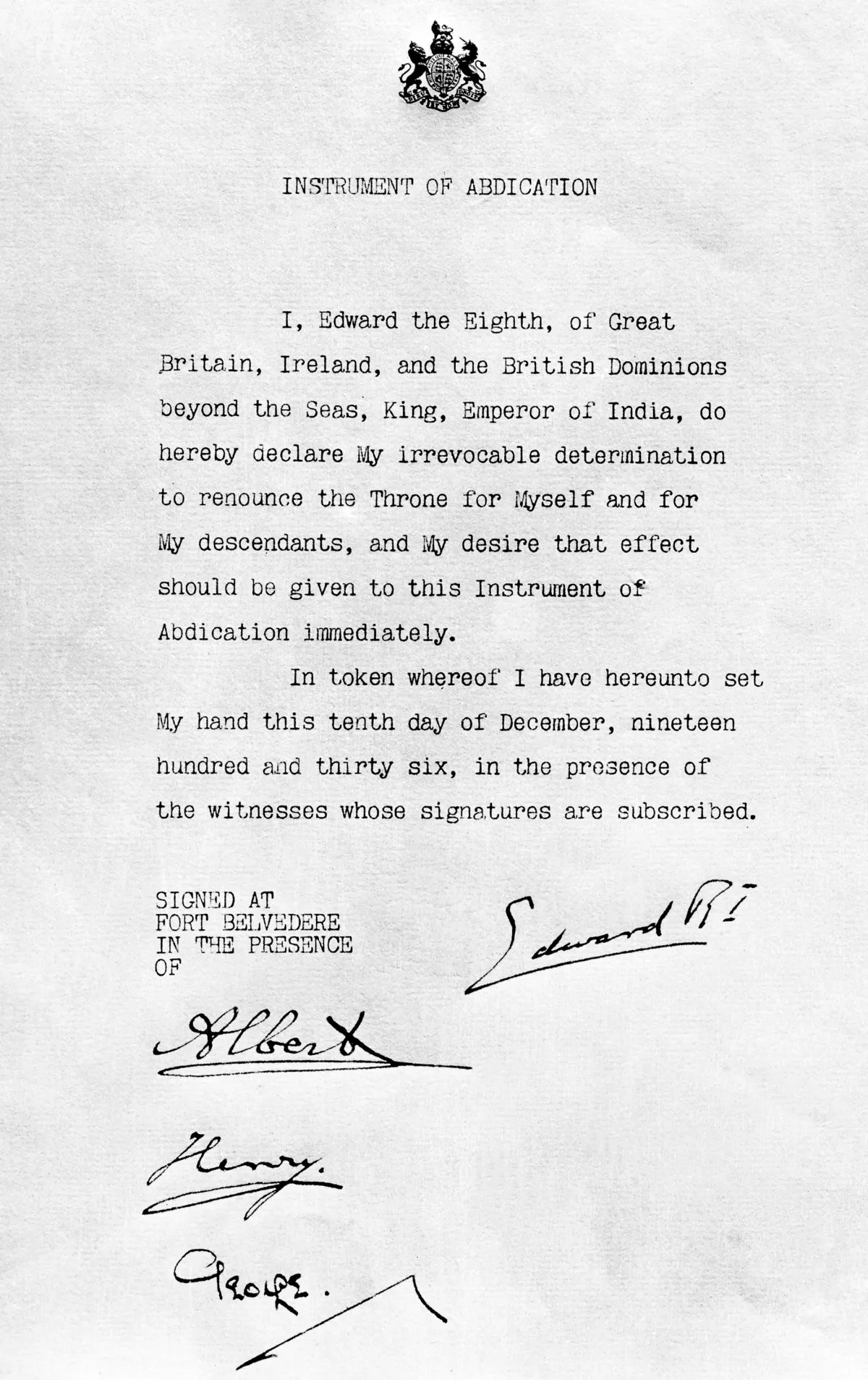 View of the Instrument of Abdication of Edward VIII of England executed by him 10 December 1936. AFP