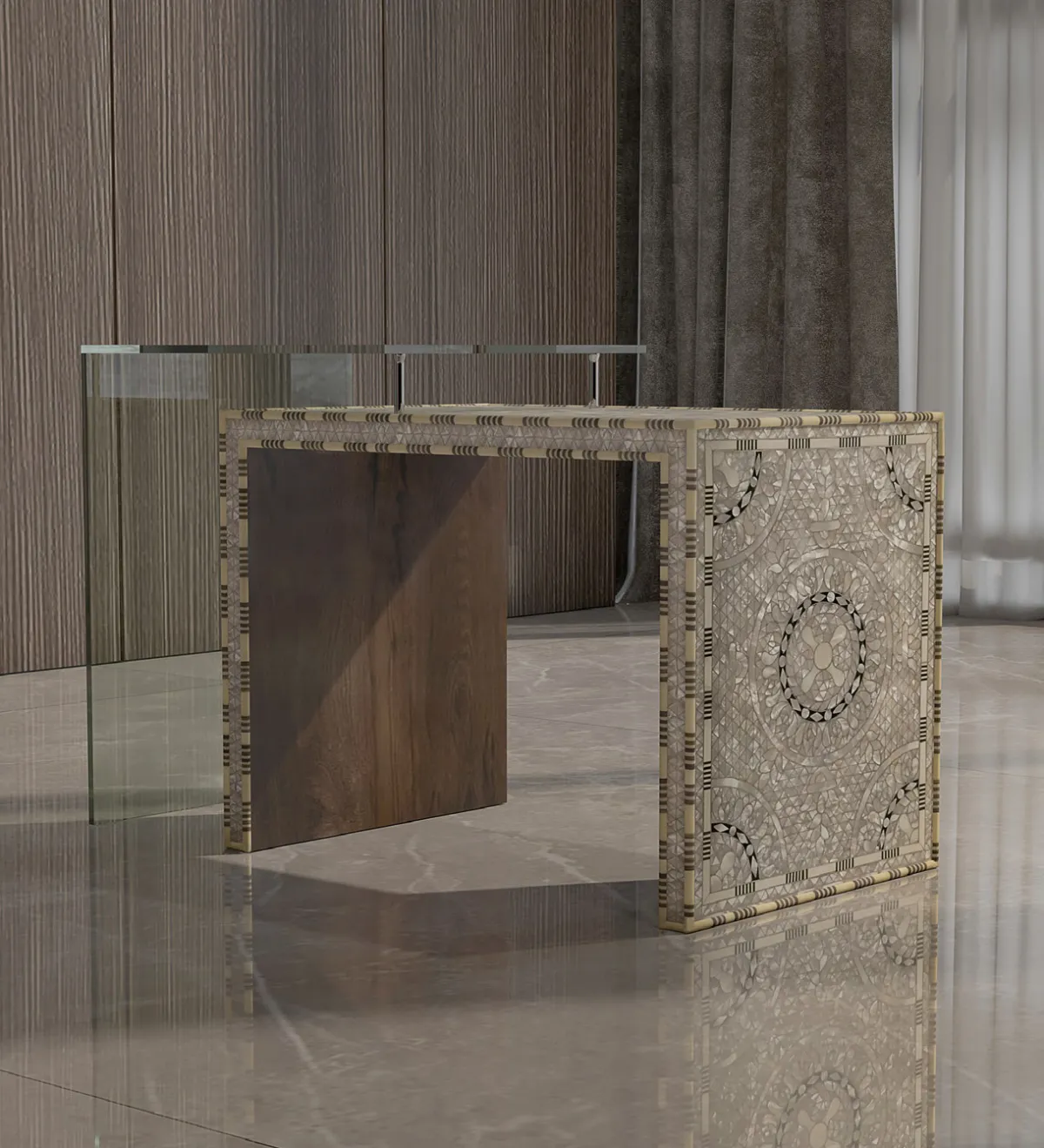 طاولة عصرية استُخدِمت في الاجتماعات الدولية مزيّنة بأسلوب الصدَف 