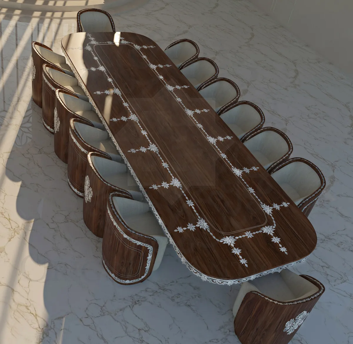 غرفة طعام من 14 كرسياً بزخرفات الورود 