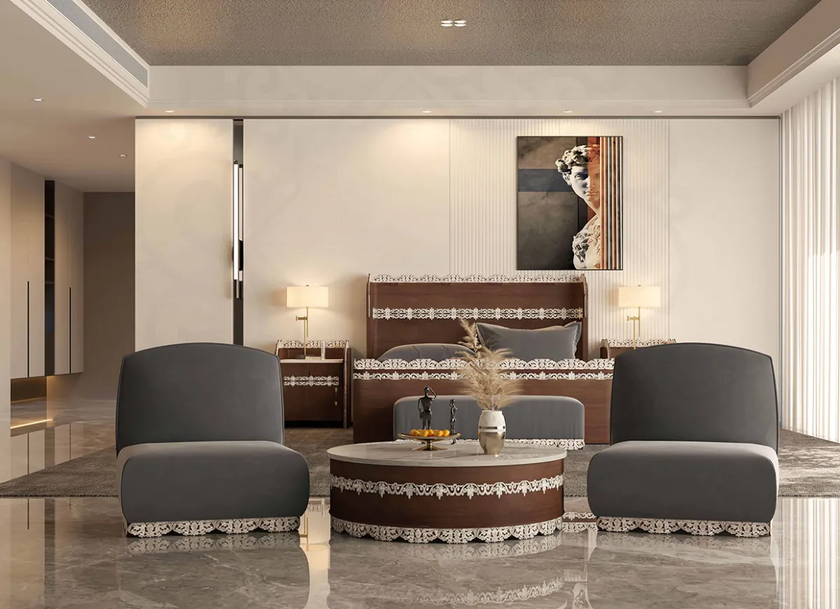 غرفة نوم ملكية يتموضع الصدف الأبيض على حواف خشبها بطريقة دقيقة 