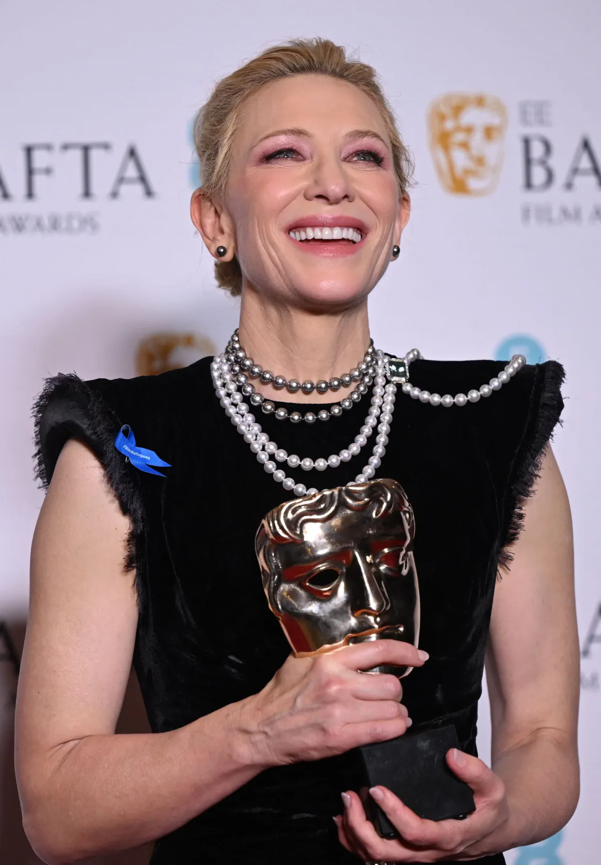 Cate Blanchett poses with the award for Best leading actress for her role in 'Tar' during the BAFTA British Academy Film Awards ceremony at the Royal Festival Hall, Southbank Centre, in London, on February 19, 2023. JUSTIN TALLIS / AFP