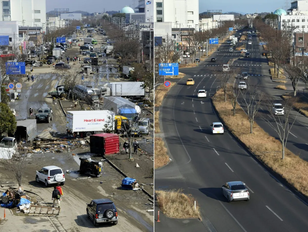 (COMBO) This combination of pictures created on March 4, 2021 shows people (L) walking on a road covered with vehicles and debris deposited in a street in Tagajo, and the same area (R) nearly 10 years later on January 25, 2021. Kazuhiro NOGI / AFP