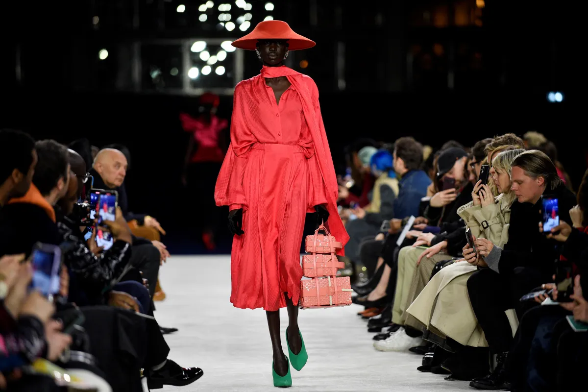 A model presents a creation from Balmain Womenswear Fall-Winter 2023-2024 collection during Paris Fashion Week in, JULIEN DEROSA/AFP.