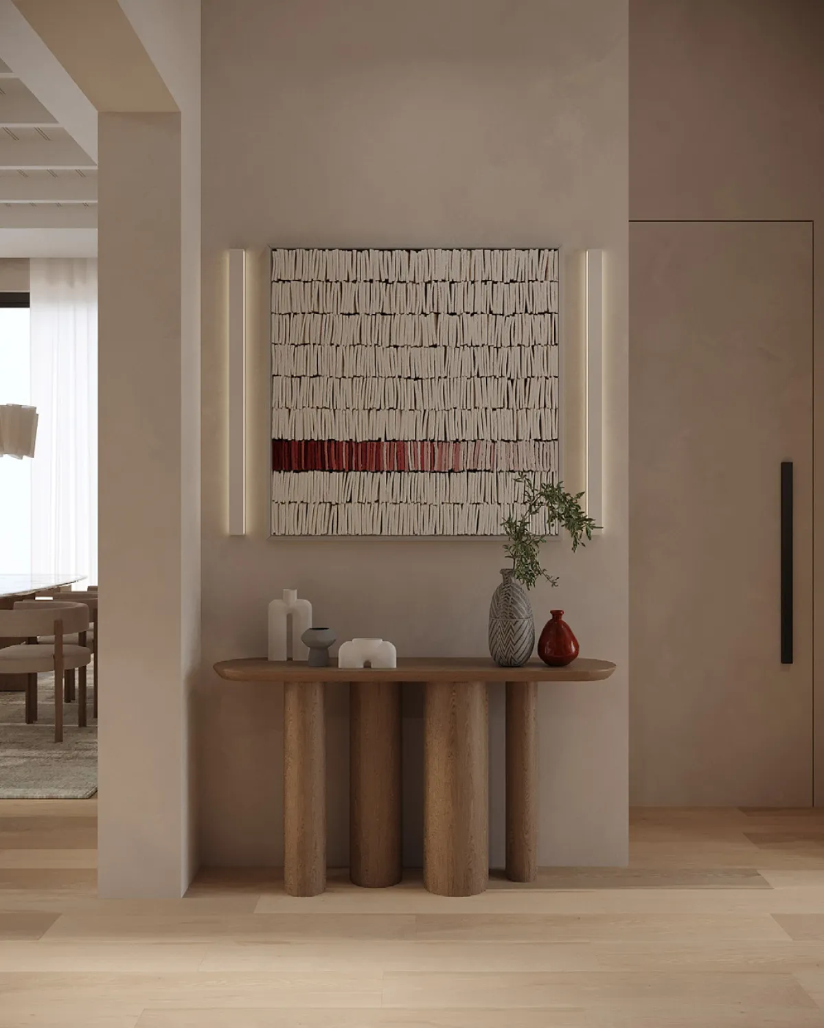 الإكسسوارات تشغل سطح طاولة الكونسول، في مدخل المنزل