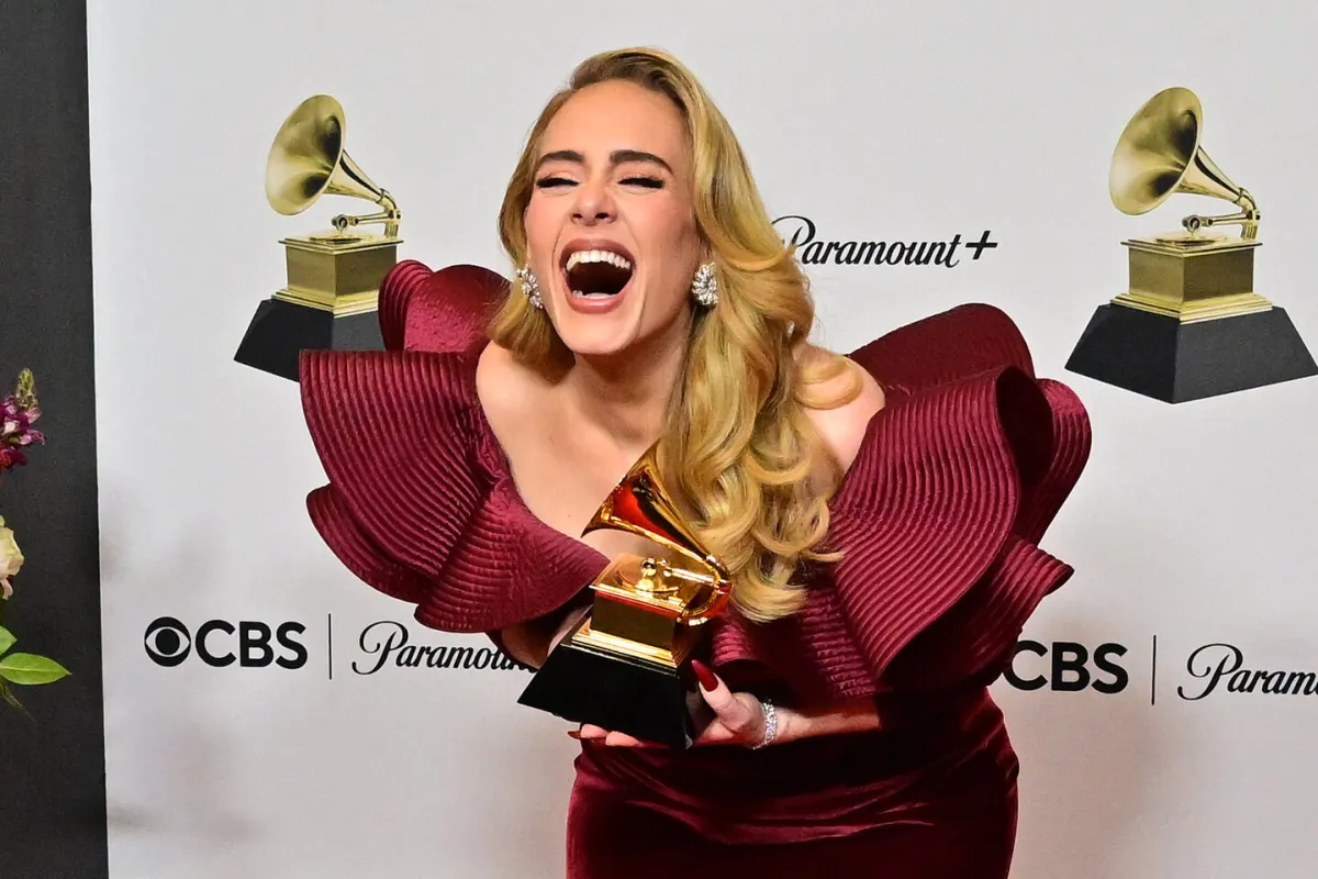 Adele poses with the award for Best Pop Solo Performance for "Easy on Me" in the press room during the 65th Annual Grammy Awards at the Crypto.com Arena in Los Angeles on February 5, 2023. Frederic J. Brown / AFP