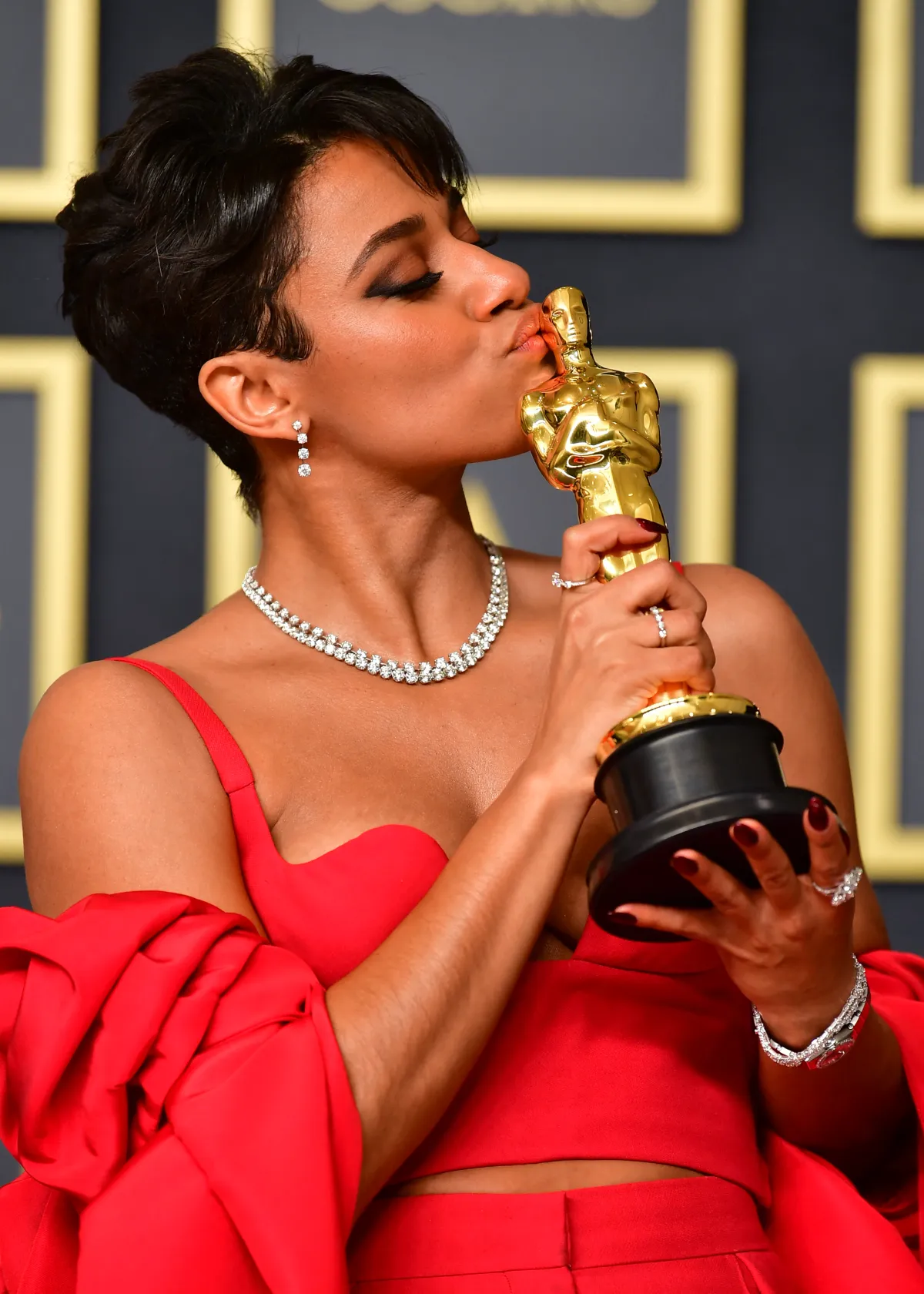 Ariana DeBose poses with her Oscar for Best Supporting Actress for 'West Side Story' in the press room during the 94th Oscars at the Dolby Theatre in Hollywood, California on March 27, 2022.