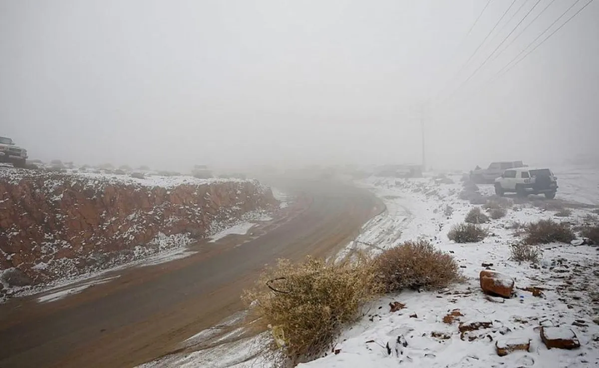 جبل اللوز يكتسي الأبيض مع تساقط الثلوج