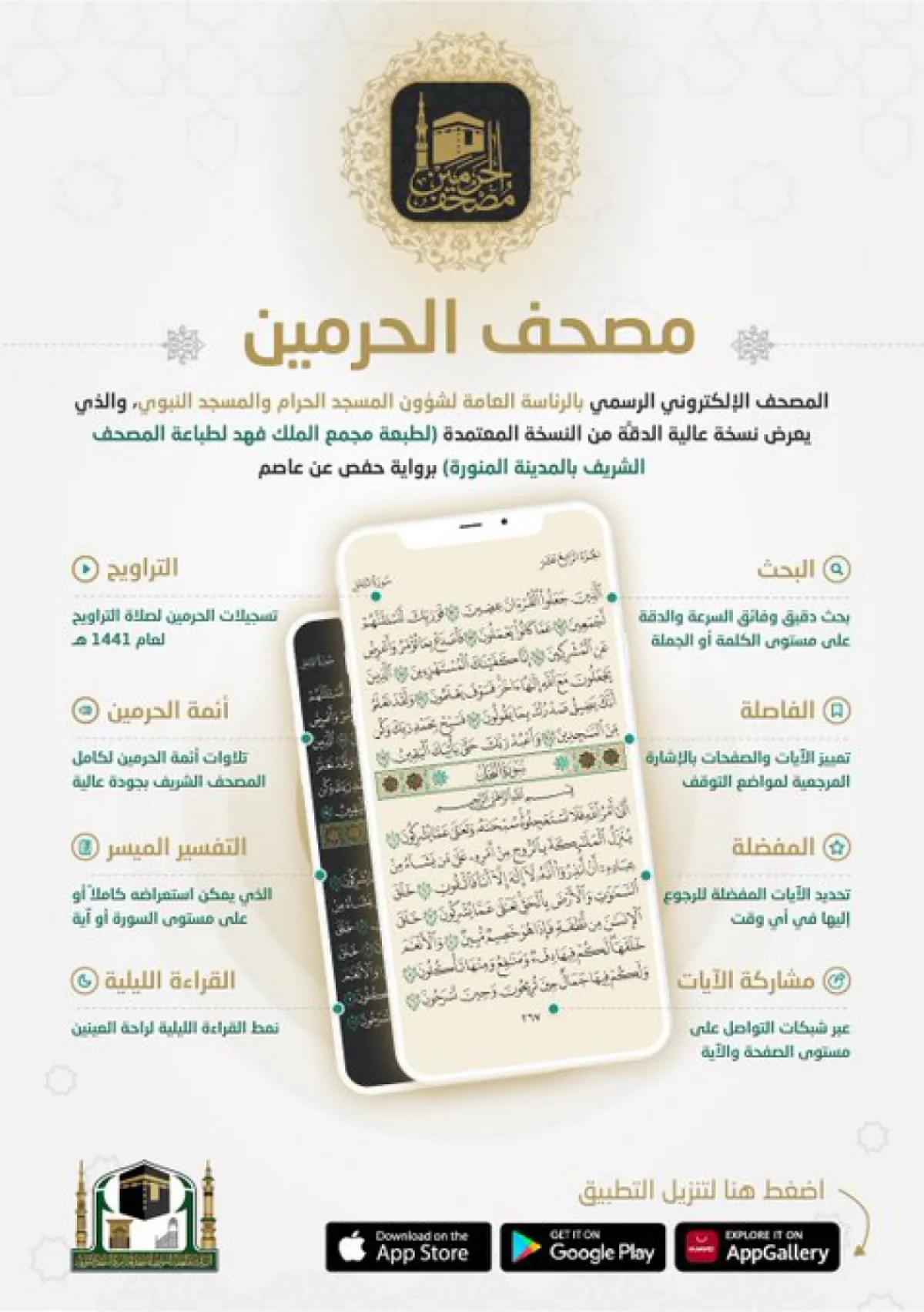 تعرفوا على تطبيق (مصحف الحرمين) الذي يضم عدة خدمات وتسجيلات خدمة للحرمين الشريفين وقاصديهما