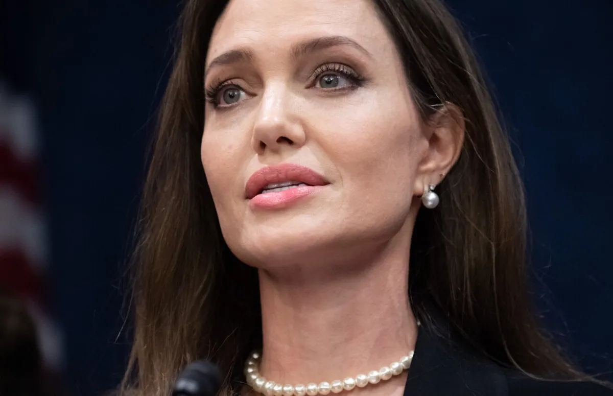 Angelina Jolie speaks during a press conference announcing a bipartisan modernized Violence Against Women Act (VAWA), on Capitol Hill in Washington, DC, on February 9, 2022. SAUL LOEB / AFP