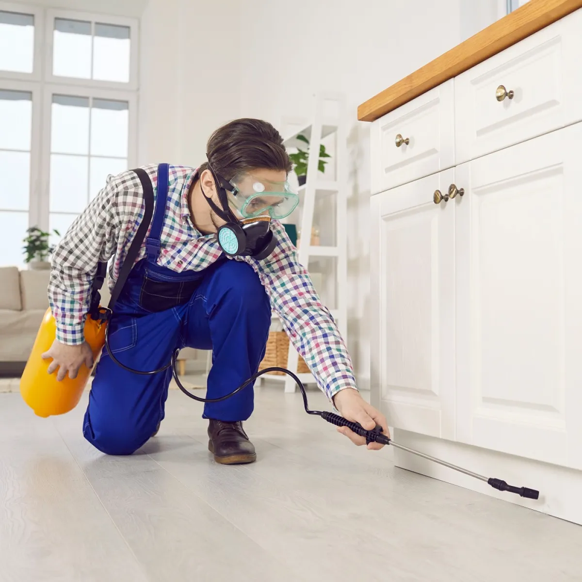 صورة لعامل يرش المبيدات بالمنزل