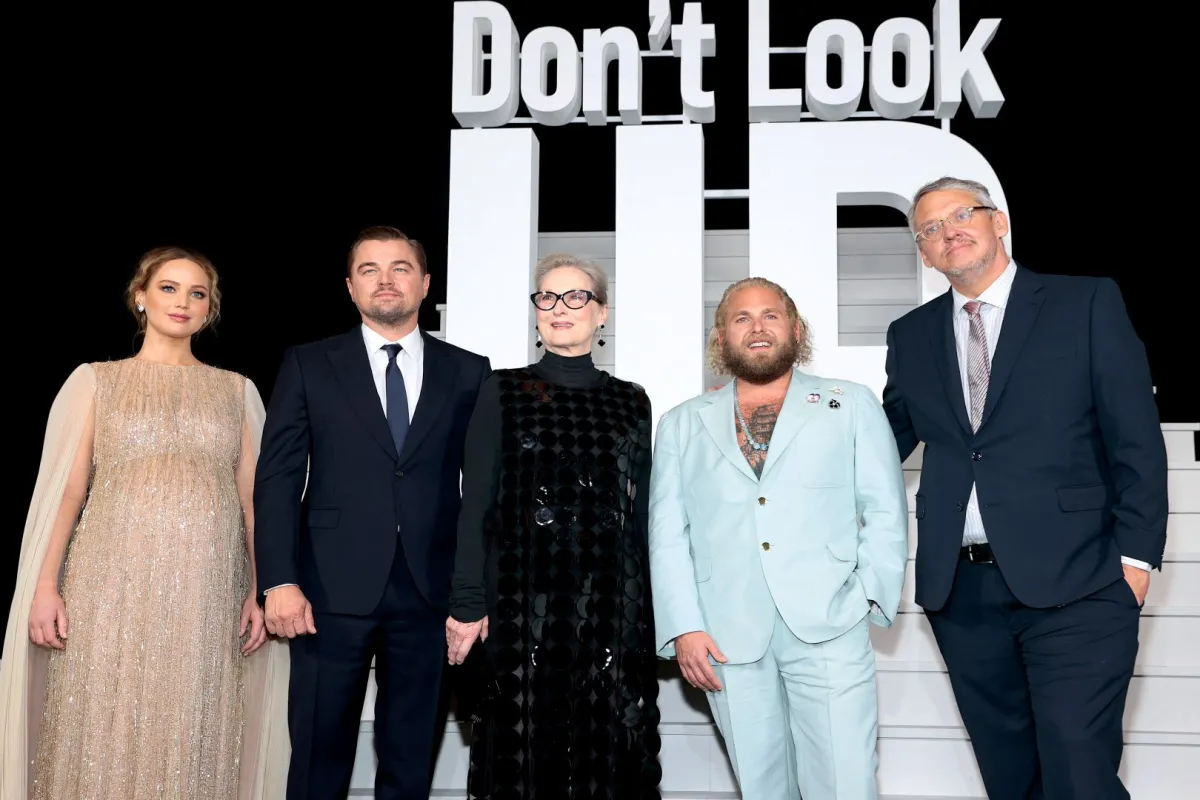 Jennifer Lawrence, Leonardo DiCaprio, Meryl Streep, Jonah Hill, and Adam McKay at Lincoln Center on December 05, 2021 in New York City. Dimitrios Kambouris/Getty Images for Netflix/AFP