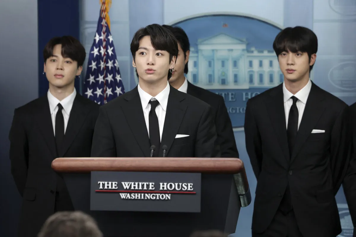 Jungkook of the South Korean pop group BTS speaks at the daily press briefing at the White House on May 31, 2022 in Washington, DC.  Kevin Dietsch/Getty Images/AFP