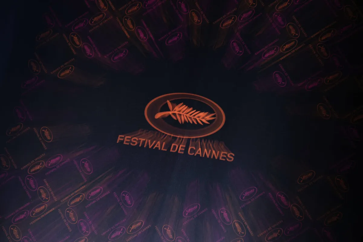 Cannes Film festival logo during the press conference to announce the Official Selection of the 76th Cannes Film Festival in Paris. Thomas SAMSON / AFP