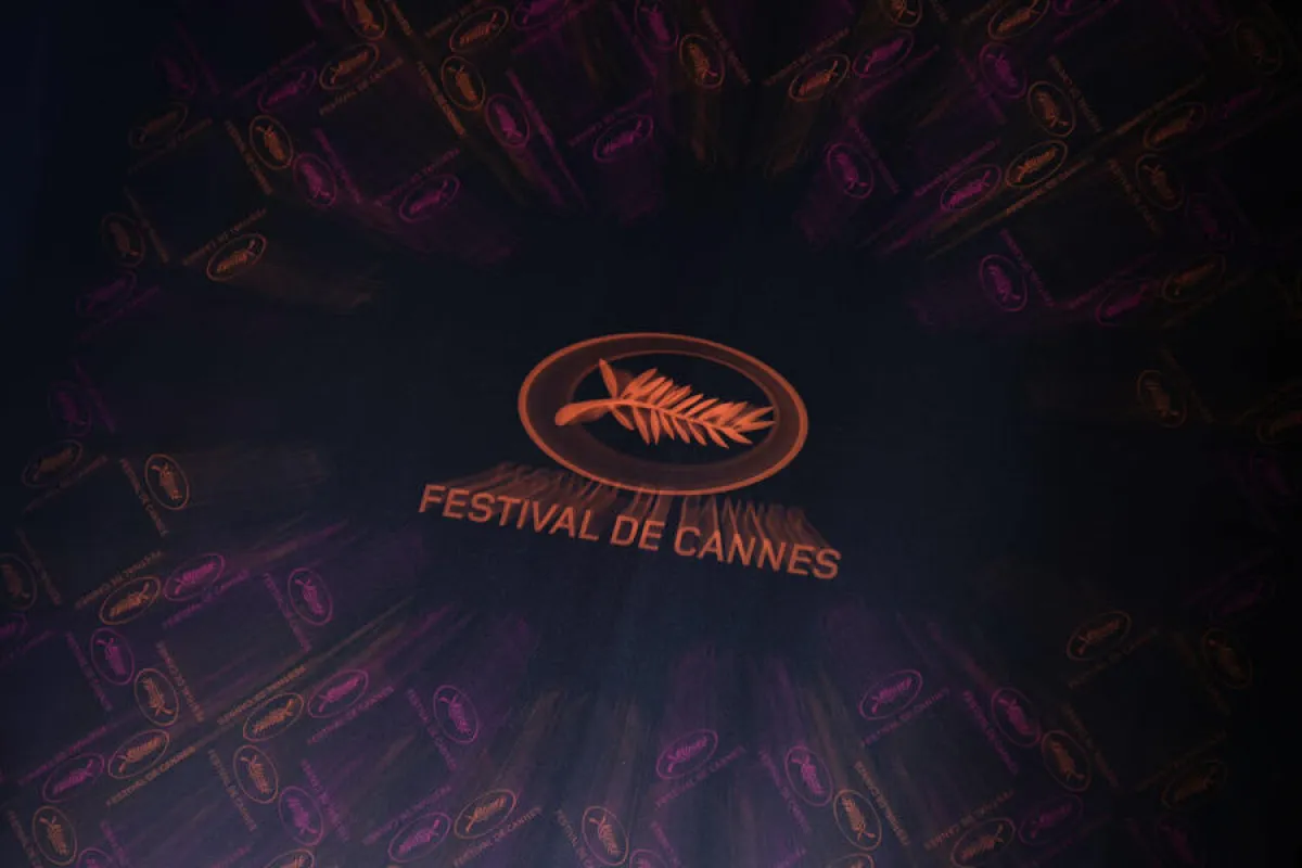 Cannes Film festival logo during the press conference to announce the Official Selection of the 76th Cannes Film Festival in Paris. Thomas SAMSON / AFP
