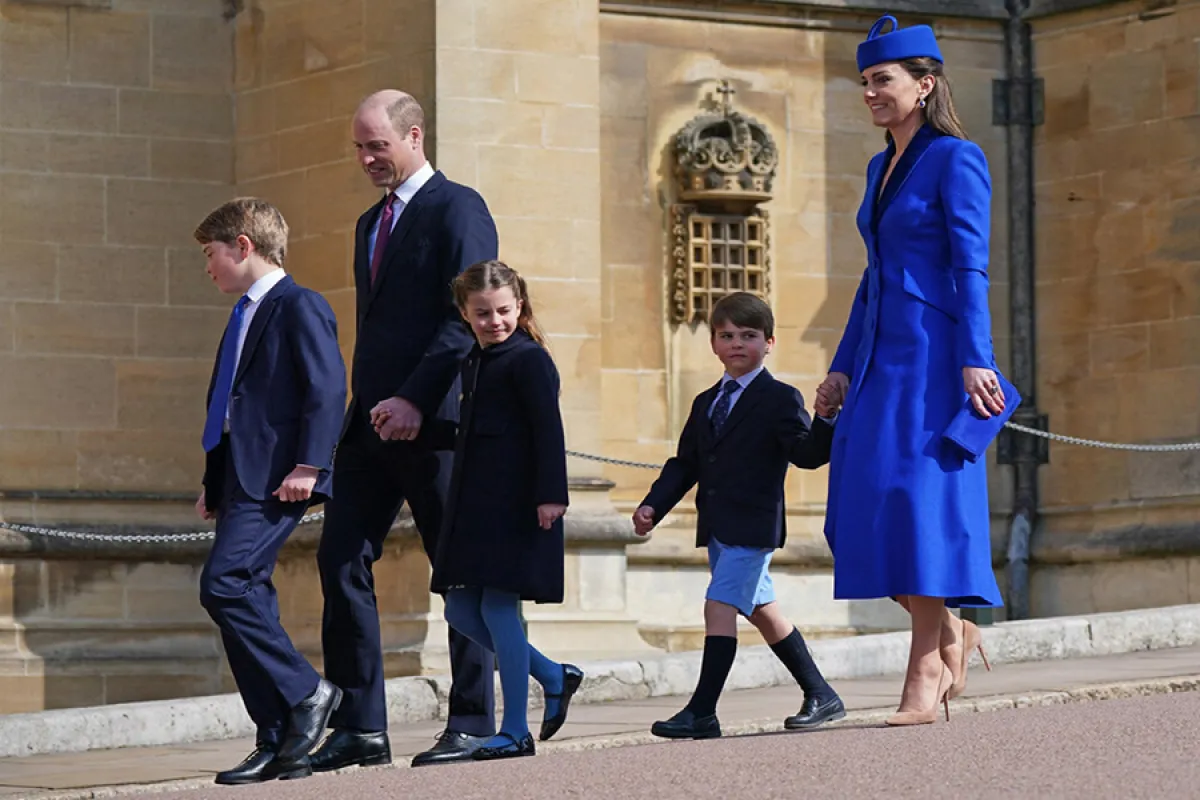 ritain's Prince William, Prince of Wales (2L), Britain's Prince George of Wales (L), Britain's Catherine, Princess of Wales (R), Britain's Princess Charlotte of Wales (C) and Britain's Prince Louis of Wales arrive for the Easter Mattins Service at St. George's Chapel, Windsor Castle on April 9, 2023. Yui Mok / POOL / AFP