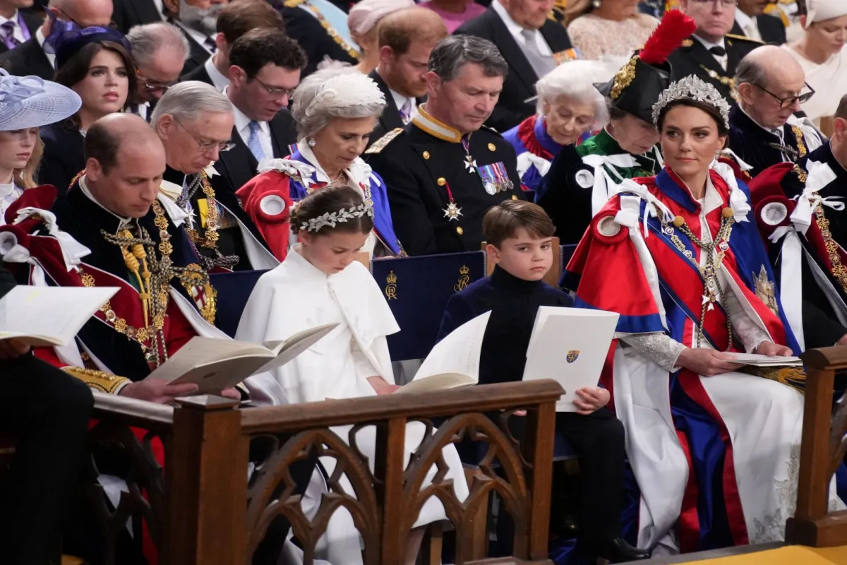Prince William, Princess Charlotte, Prince Louis and Catherine, Princess of Wales attend the coronations of Britain's King Charles III and Britain's Camilla, Queen Consort at Westminster Abbey in central London on May 6, 2023. Victoria Jones / POOL / AFP