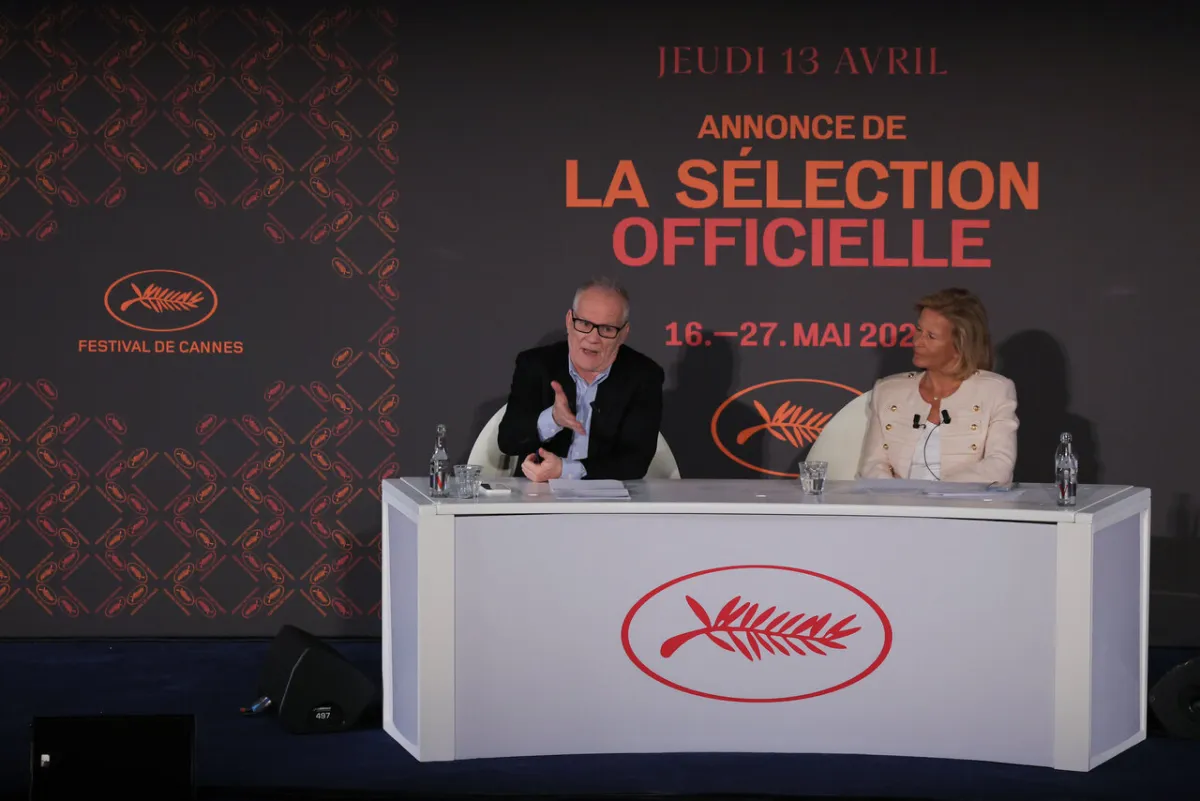 French director of the Cannes film festival, Iris Knobloch, and General Delegate of the Cannes Film Festival, Thierry Fremaux, hold a press conference to announce the Official Selection of the 76th Cannes Film Festival in Paris, on April 13, 2023. The 76th Cannes Film Festival will be held from May 16 to May 27, 2023. (Photo by Thomas SAMSON / AFP)