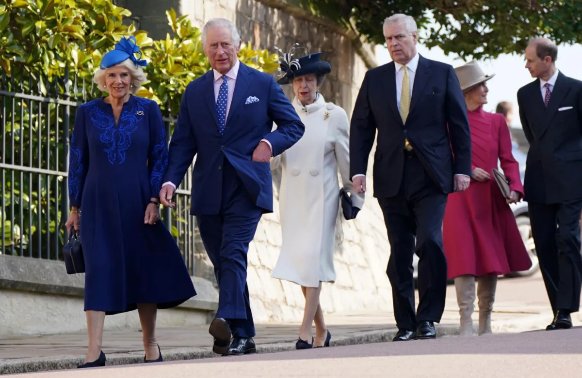 King Charles and Camilla with Princess Anne, Prince Andrew, Sophie, and Prince Edward at St. George's Chapel, Windsor Castle on April 9, 2023. (Photo by Yui Mok / POOL / AFP)