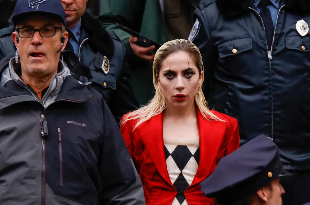Lady Gaga performs during the filming of the movie "Joker: Folie à Deux" in New York on March 25, 2023.  Photo by KENA BETANCUR / AFP